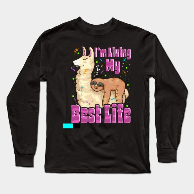 Cute Sloth & Llama Living My Best Life Napping Pun Long Sleeve T-Shirt by theperfectpresents